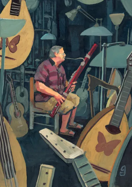 Gouache: Liutaio con fagotto in un laboratorio di strumenti musicali, tra chitarre e mandolini. Illustrazione.