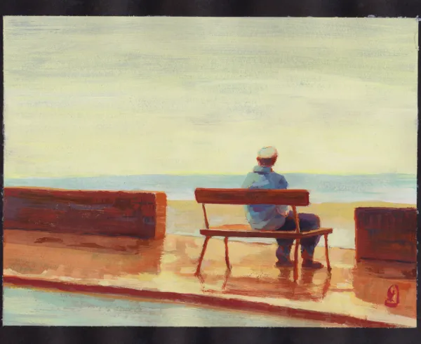 Mario a Marina di Campo, gouache. Uomo su panchina fronte mare, riflessi vividi sull'asfalto bagnato. Dipinto A4.
