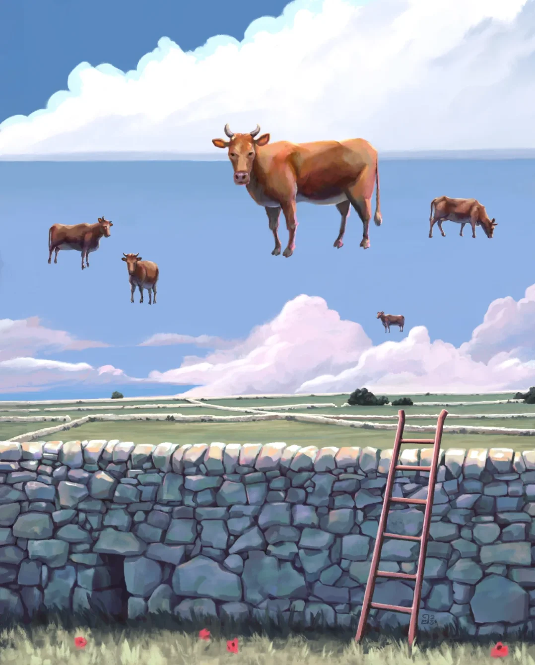 Illustrazione digitale The Ragusaner: mucche fluttuanti nel cielo sopra muri a secco, campagna ragusana e scala.