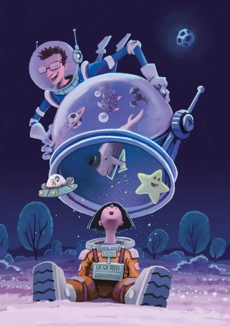 Illustrazione digitale "Verso l'infinito ed oltre". Padre astronauta in navicella con sogni fluttuanti per figlia in tuta spaziale. Spazio, esplorazione.