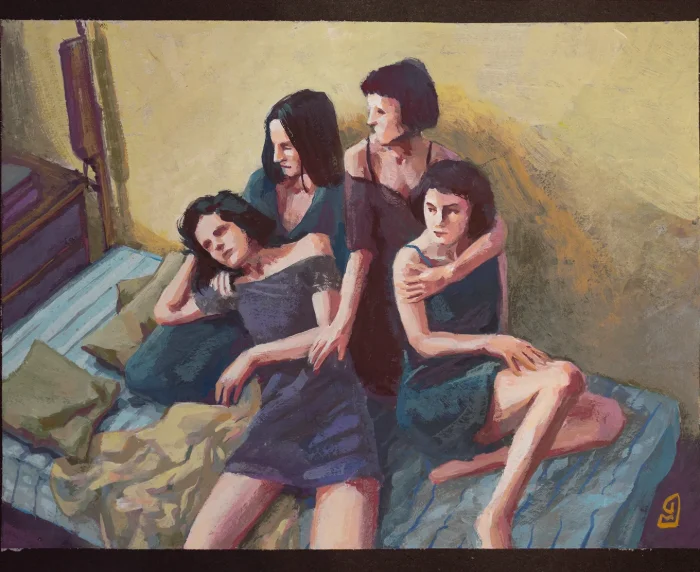 Youth, gouache su cartoncino formato A4 che raffigura quattro giovani donne insieme su un letto in una stanza.
