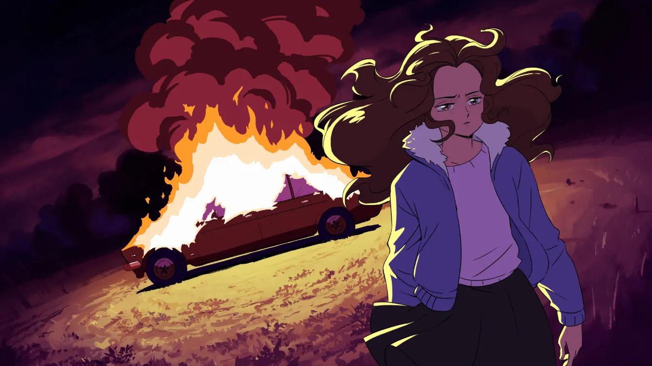 Copertina Bang Bang Baby: ragazza anime triste, auto in fiamme e fumo denso al tramonto. Illustrazione drammatica.