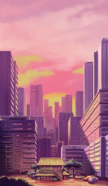 Dettaglio progetto Bang Bang Baby: panoramica urbana con grattacieli e casa giapponese sotto un cielo rosa vibrante.