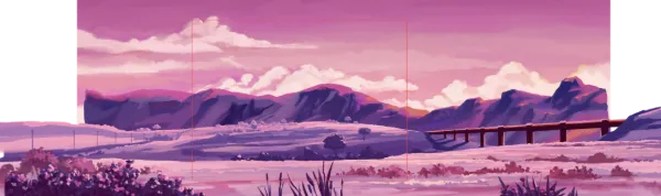 Panoramica Bang Bang Baby: paesaggio stilizzato rosa e viola con montagne, lago, vegetazione e ponte, dettaglio progetto.