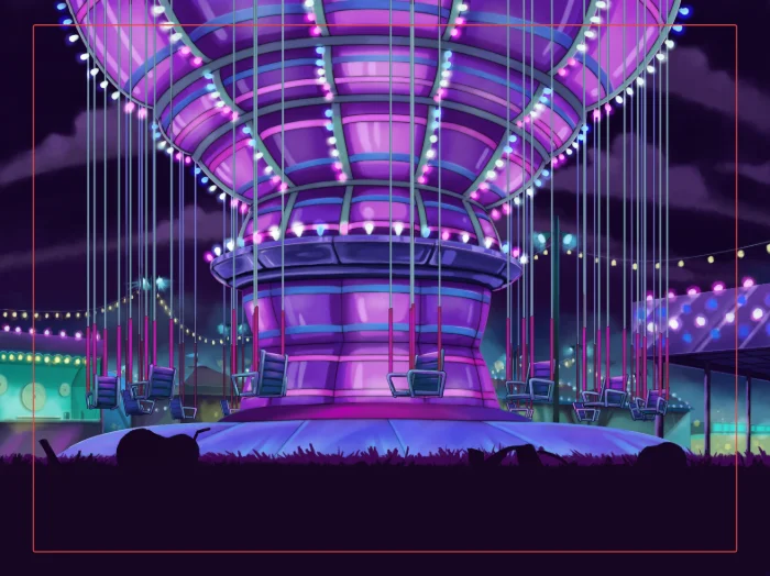 Dettaglio progetto Bang Bang Baby: giostra a catena illuminata di viola e rosa in un luna park notturno.