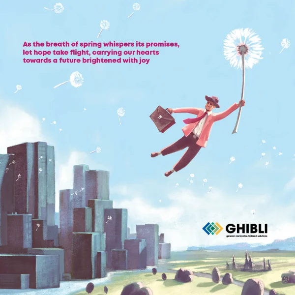 Illustrazione Ghibli Solutions: uomo d'affari vola con dente di leone gigante su città, speranza e rinascita Pasquale.