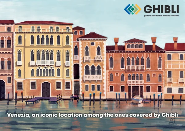 Dettaglio progetto Ghibli: palazzi veneziani colorati sul canale, con pali e barca. Architettura storica di Venezia.