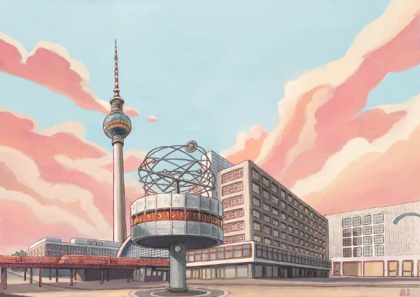 Berlino Alexanderplatz: Torre TV, Orologio Mondiale e treno. Dettaglio progetto \"Ghibli Solutions\" con cielo rosa.