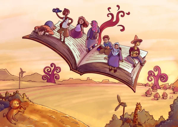 Bambini diversi volano su un libro gigante in un paesaggio desertico al tramonto. Illustrazione Ghibli Solutions, dettaglio progetto.
