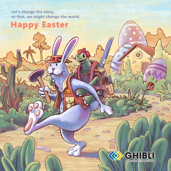 Coniglio e tartaruga avventurieri in paesaggio desertico con cactus e uova di Pasqua giganti. Auguri Ghibli Solutions.