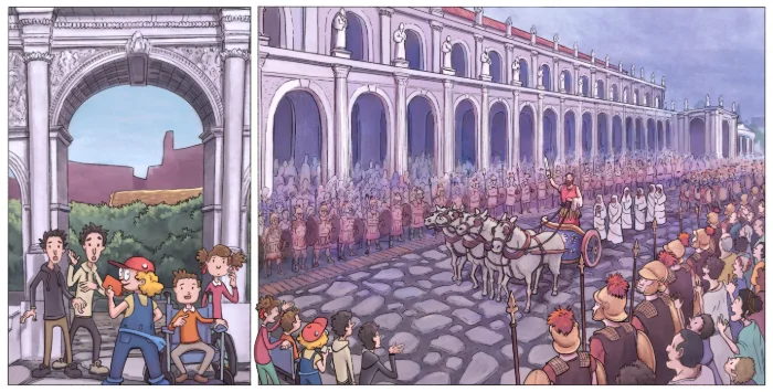 Ragazzi moderni osservano una parata trionfale romana con soldati, carro e folla, sotto un arco antico. Dettaglio progetto "Il Guardiano del Foro".