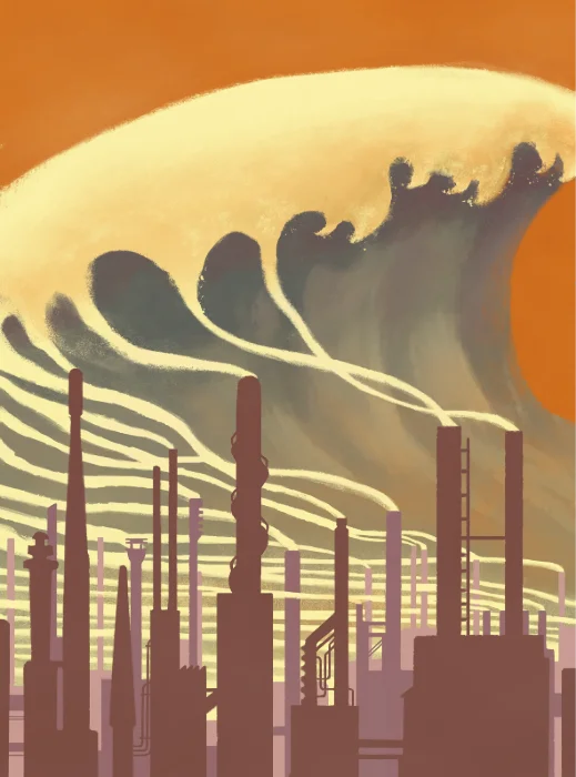 Illustrazione editoriale: fabbriche industriali sotto un'onda di fumo e inquinamento, simbolo di cambiamento climatico.