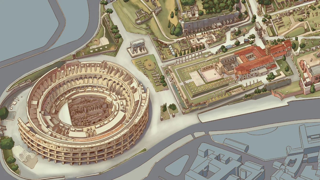 Mappa illustrata del Parco del Colosseo, inclusi Colosseo, Fori Imperiali e Circo Massimo. Copertina progetto.
